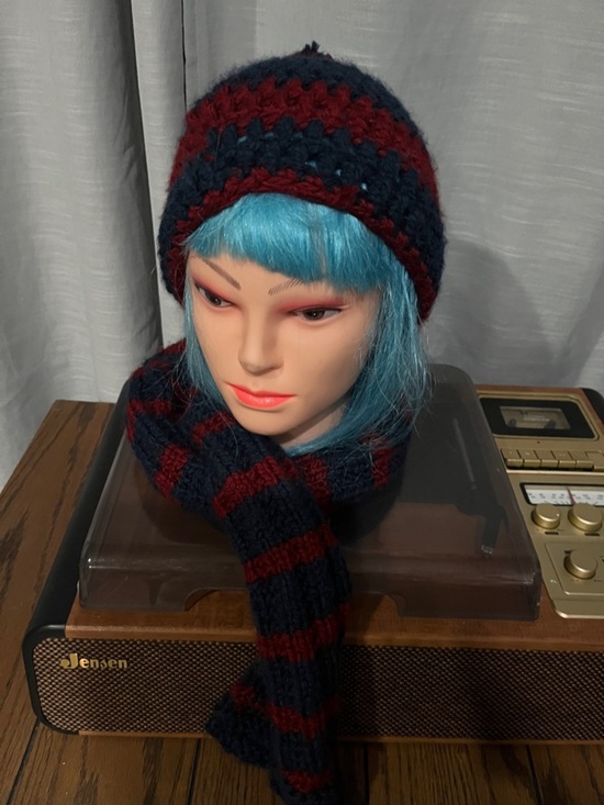 Striped Knit Hat & Scarf Set - Navy & Burgundy hand made?